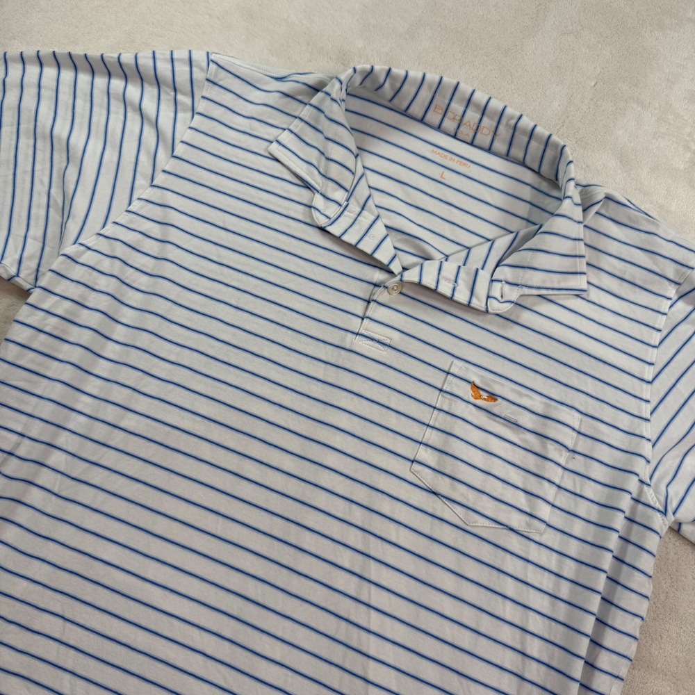 B. Draddy USA Mens Pima Cotton Stripe Short Sleeve Polo Shirt Blue White Large